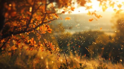 A dreamy out of focus landscape featuring hints of rustcolored leaves and hints of vintage elements capturing the rustic essence of a countryside escape. .