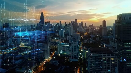 Fototapeta premium Glowing technological process hologram, aerial panoramic city view buildings at sunset