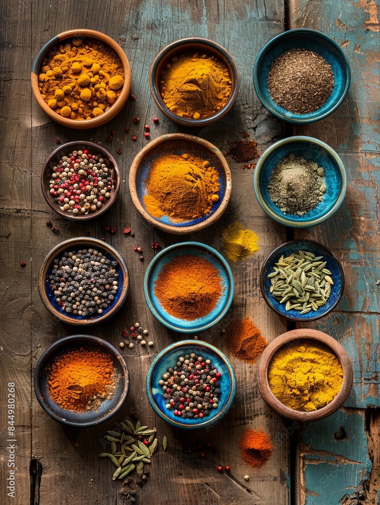 Poster A flat lay view of various colorful spices arranged in beautiful ceramic bowls on a rustic wooden surface. Generative AI