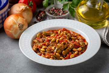 Traditional delicious Turkish food; fresh green black eyed peas food (Turkish name; Zeytinyagli yesil taze borulce or acebek)