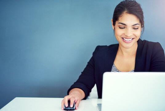 Office, business woman or content writer with laptop for reading article, online blog and scroll. Career, female journalist and computer for portfolio update, browse email and website by mockup