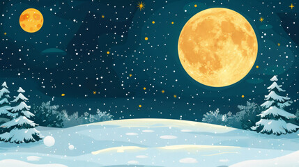 Illustrated winter night scene with a full moon, snowy landscape, and pine trees under a starry sky.