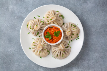 Traditional Georgian dish khinkali - Hinkali  - Boiled khinkali with lamb or beef or cheese