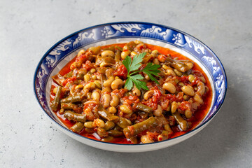 Traditional delicious Turkish food; fresh green black eyed peas food (Turkish name; Zeytinyagli yesil taze borulce or acebek)