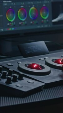 Female editor works in studio, uses digital color grading control panel. Colorist makes video color correction on computer. Program interface with RGB graphics, color wheels and levels on PC monitor.