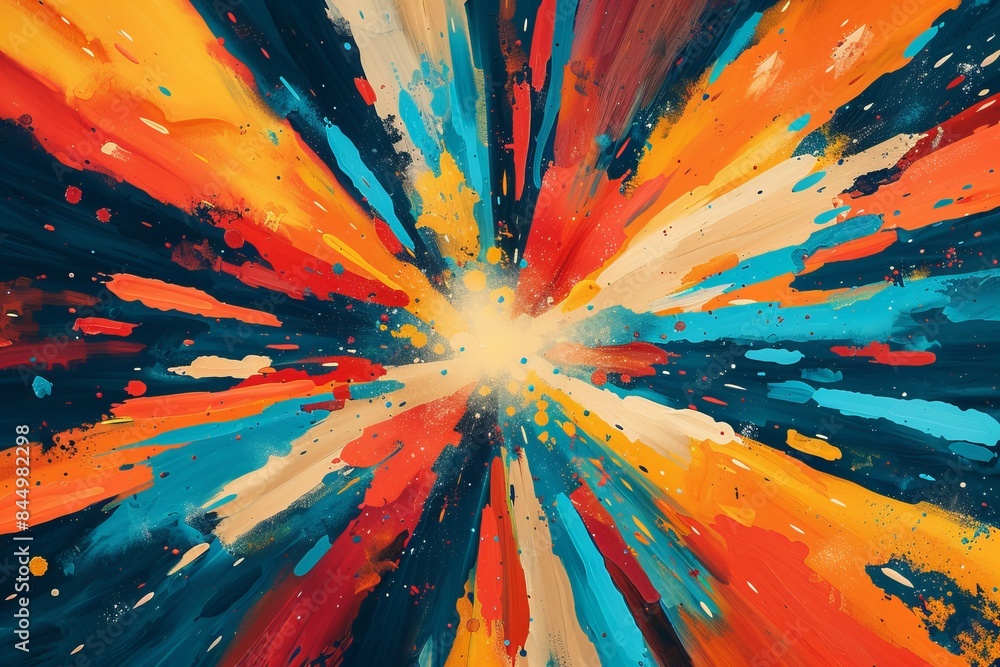 Poster dynamic and colorful abstract explosion of paint splashes on a dark background, creating a vibrant a