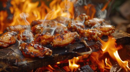 Cooked chicken wings over an open flame