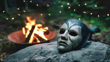 Dark theme of a mask on a rock near a camp fire with firefly
