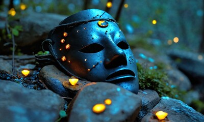 Dark theme of a mask on a rock near a camp fire with firefly
