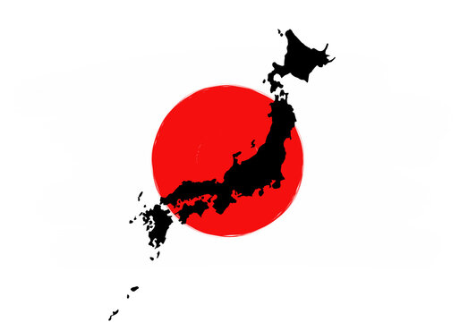 silhouette of japan map and flag with paint strokes