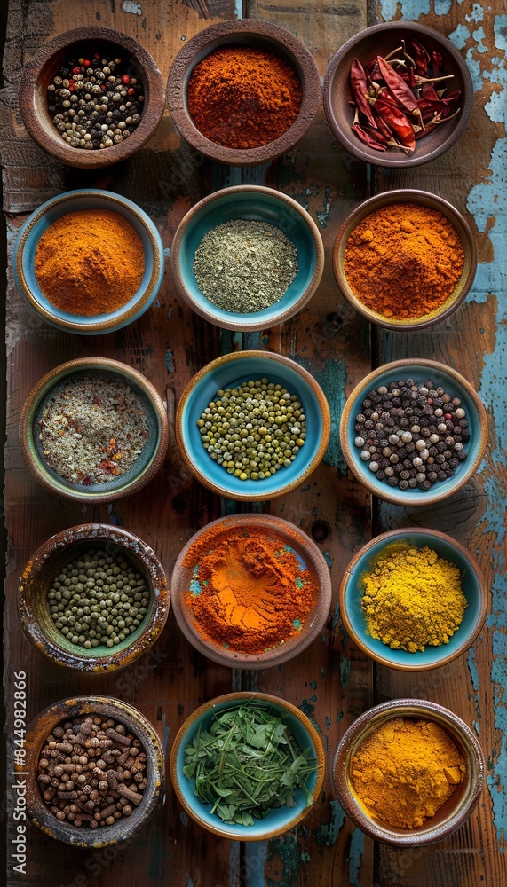 Poster an overhead shot of a variety of colorful spices arranged in beautiful ceramic bowls on a weathered 