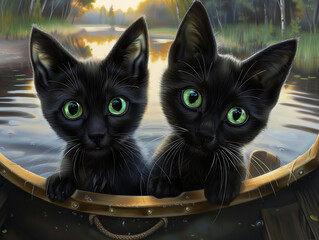 Green-Eyed Kittens in a Canoe
