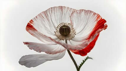 Obraz premium realistic image of a poppy flower on a thin stem with clear contours, precise lines, and accurate geometry on a white background. Generative AI