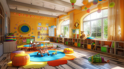 cheerful photo journalistic kindergarden classroom interior --ar 16:9 Job ID: 8ffb6fc9-27ea-46e9-8751-f6553f771378