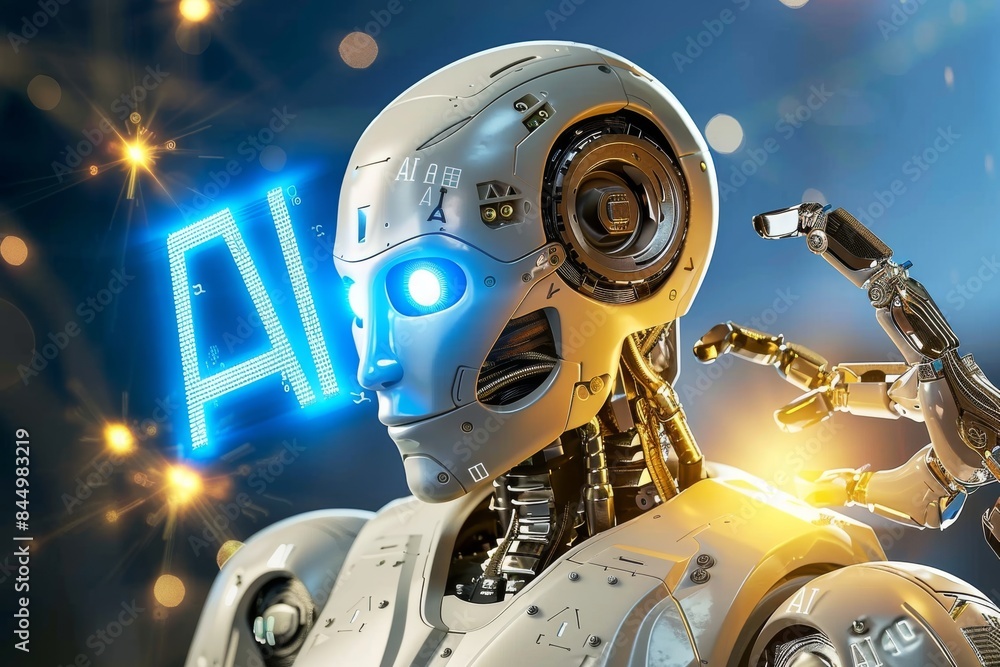 Poster ai cube with neon lights on a digital circuit board, showcasing advanced technology and innovation