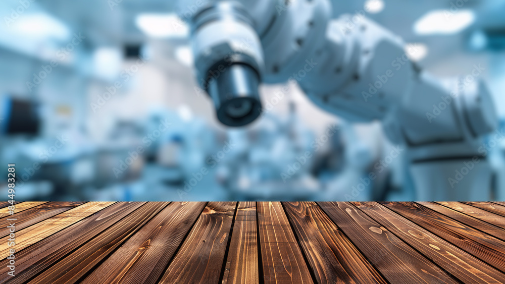 Aufkleber empty wood table top with blur background of factory with robotic arms. the table giving copy space 