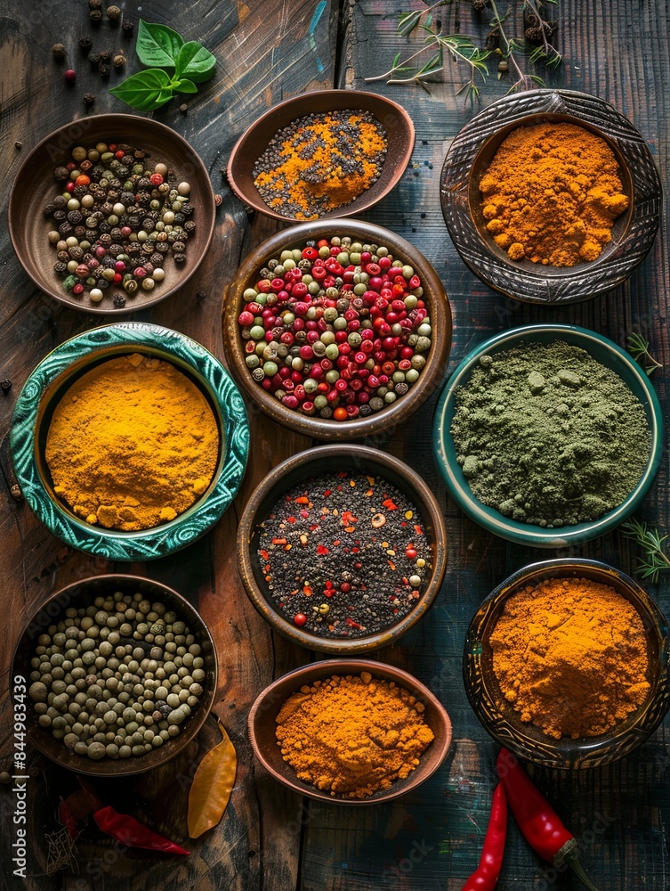 Aufkleber A top-down view of various spices in colorful ceramic bowls arranged on a rustic wooden surface. Generative AI