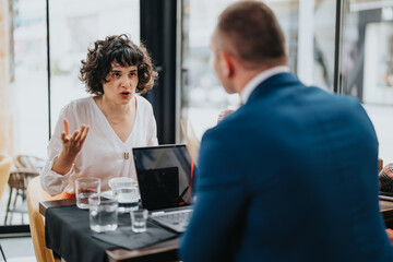 Business professionals having a serious discussion in a cafe, focusing on important matters with a laptop and glasses of water on the table