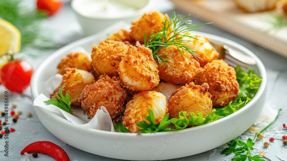 Poster tasty fried scallops in a dish presented on a white tabletop suitable for adding text