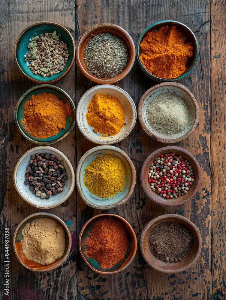 Aufkleber A top-down view of various colorful spices in beautiful ceramic bowls arranged on a rustic wooden surface. Generative AI
