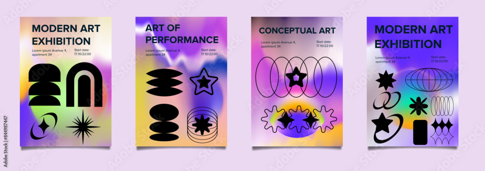 Poster set of posters for art events with brutalist y2k forms and geometric elements.