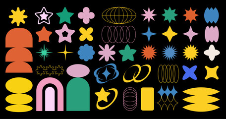Set of basic brutal forms and figures in Y2K aesthetics for vintage stickers, logos, labels. Decorative vector elements in blue, yellow,pink and red colors.