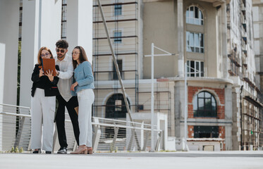 Three young colleagues standing outside, collaborating on a project using a tablet. Urban backdrop...