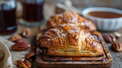 Maple Syrup and Pecan Nuts Danish Pastries with Puff Pastry Breakfast Bakery Treat on Wooden Background