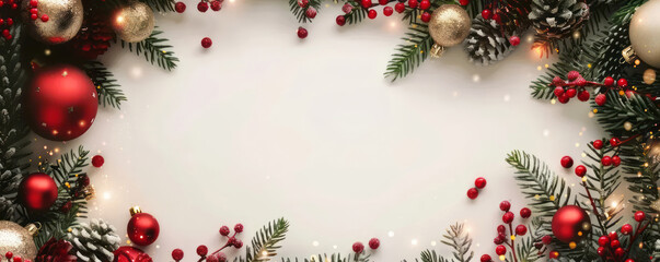 Christmas frame with tree pine, spruce branch and red Christmas balls on white background for banner with copy space. Flat lay, top view. New Year holiday background.