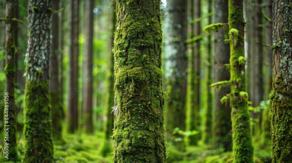 Aufkleber close up image of tree trunks covered in moss in the forest
