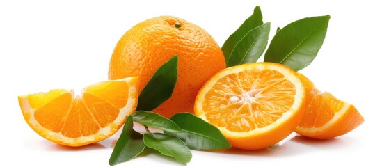 Isolated orange fruit with leaves. Whole oranges, slices, and leaves on a white background. Isolated orange slice.