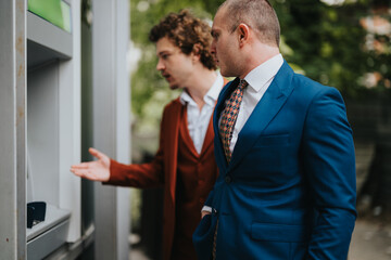 Two businessmen in suits encountering an ATM withdrawal problem, displaying confusion and concern....
