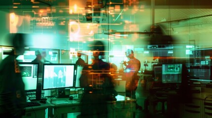 Blurry silhouettes of researchers hover over glowing screens and flashing monitors creating a sense of hushed progress in the experimental physics lab. .