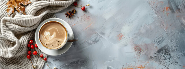 Coffee cup with autumn dried leaves and red berries, knitted blanket or sweater on grey stone background. Cozy fall composition. Hot drinks, seasonal offer concept. Flat lay, top view with copy space
