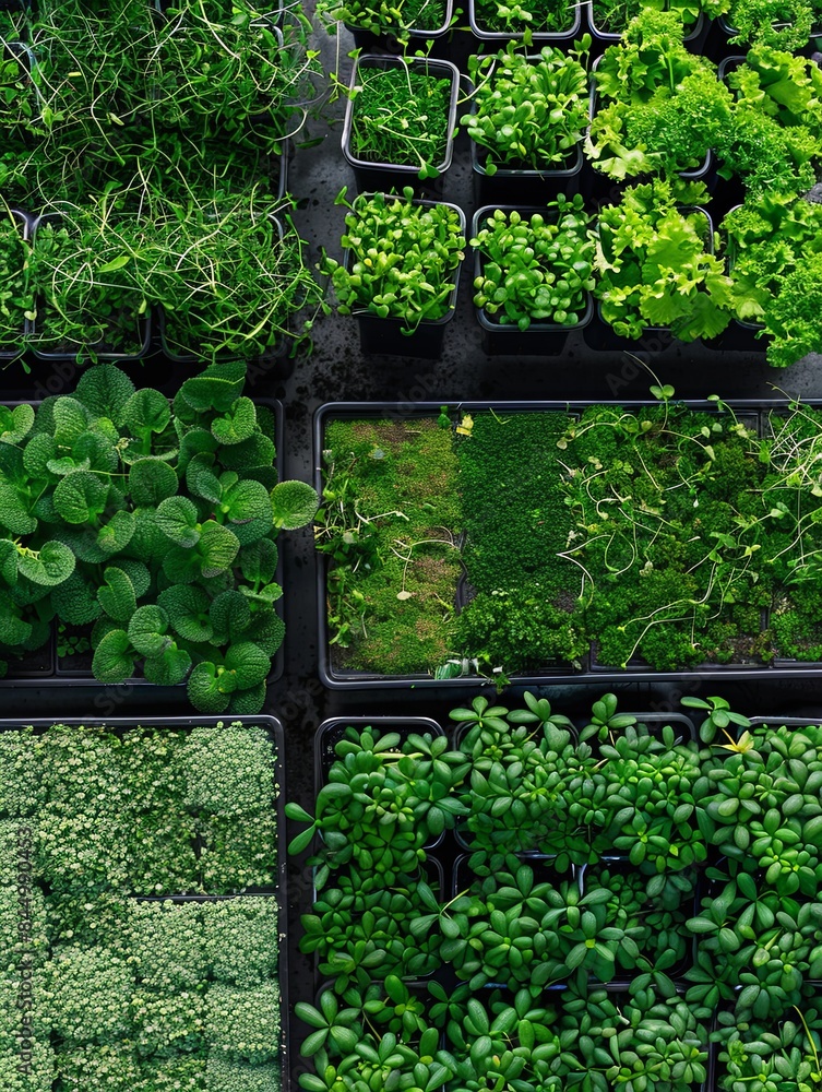 Leinwandbilder A top-down view of an assortment of microgreen trays arranged in rows, showcasing a variety of sprouting greens in different growth stages. Generative AI