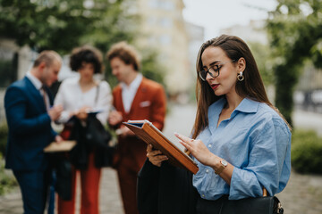 Businesswoman using a tablet outdoors while colleagues interact in the background during an informal team meeting. Concept of teamwork, technology, and outdoor working environment.