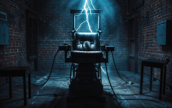 Electric chair being struck by lightning in dark room for concept of justice, revenge, or execution