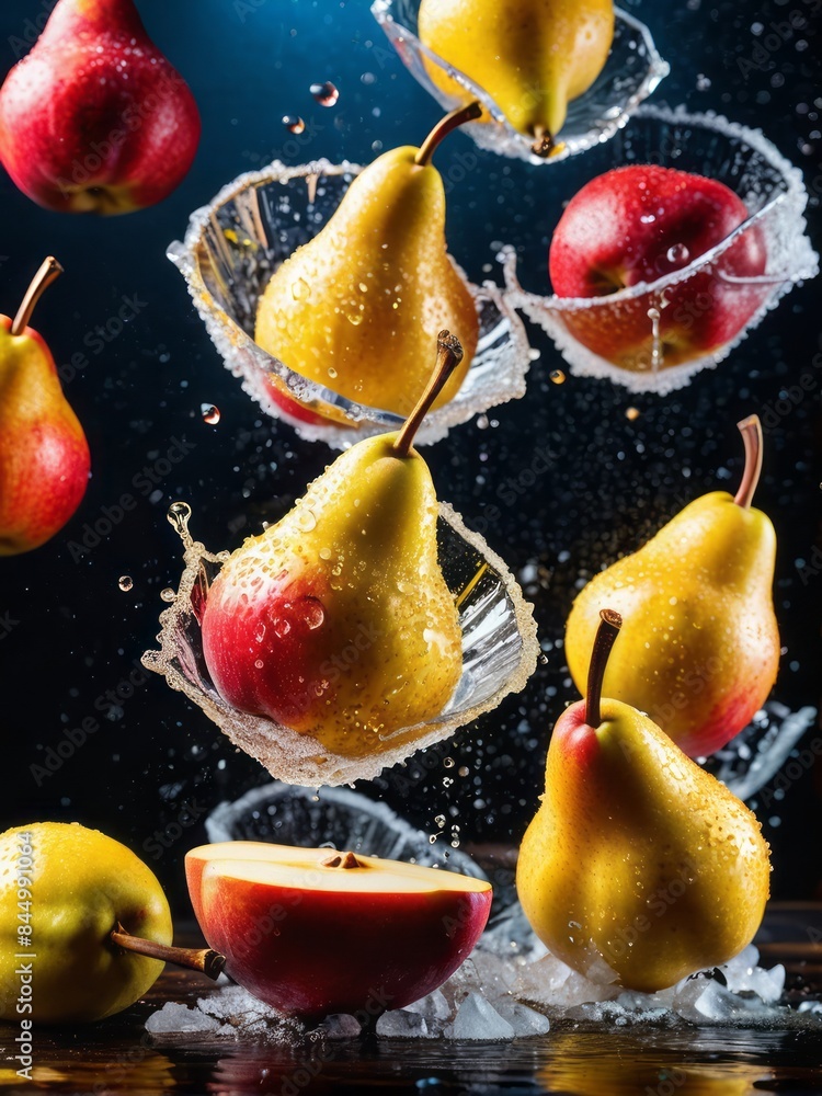 Wall mural Fresh juicy red and yellow pears in water splashes and ice cubes on black background with copy space. Citrus fruits cut in water drops. Summer freshness, poster design. Flat lay, top view - Wall murals