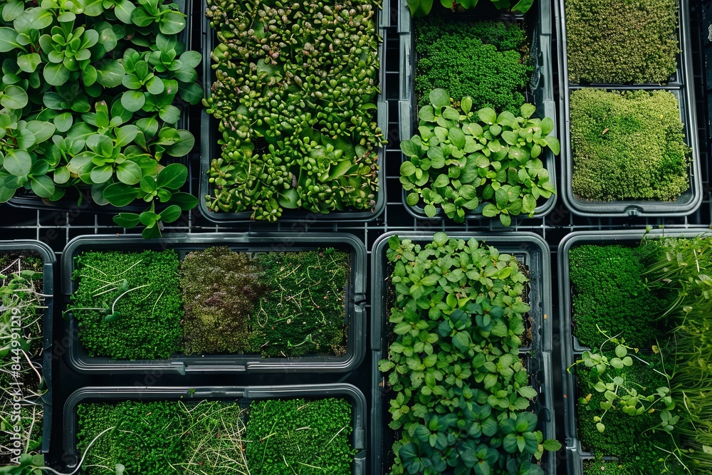 Aufkleber A top-down view of a microgreen farm with rows of trays filled with various types of microgreens, including leafy greens, herbs, and sprouts. Generative AI
