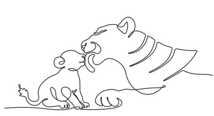 Young lioness with lion cub one line drawing