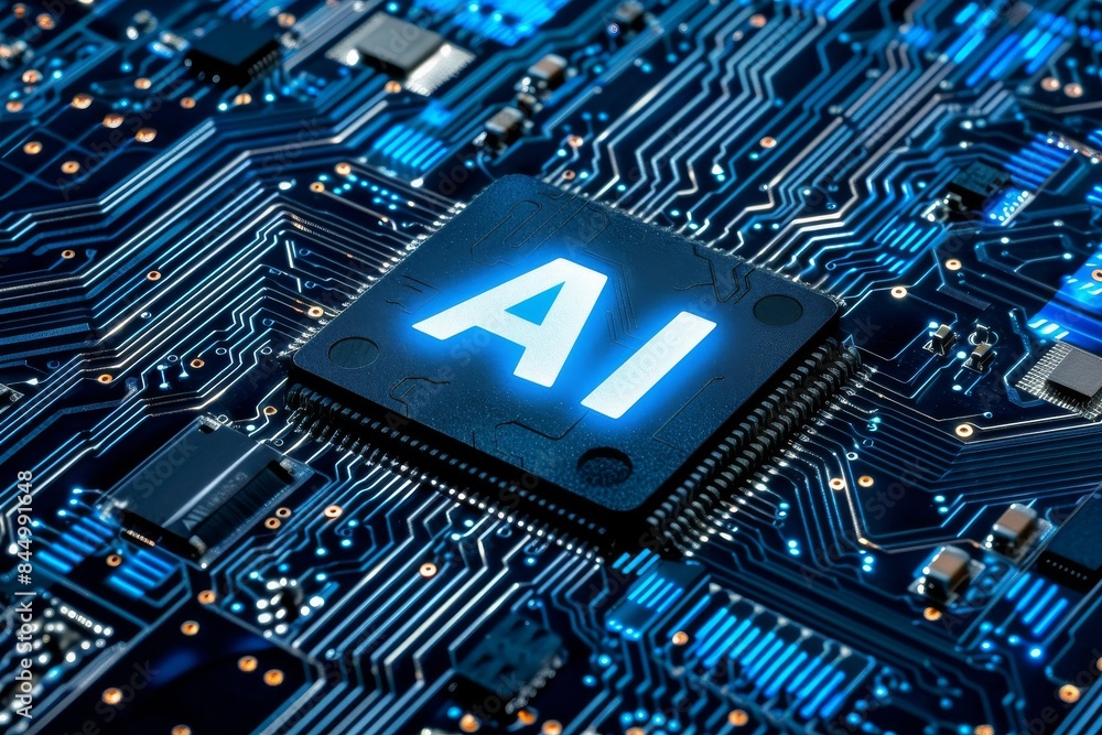 Poster ai microchip on circuit board, advanced artificial intelligence technology, futuristic digital compo