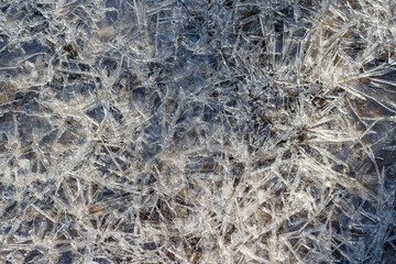 Background with growing ice on a pond in full frame