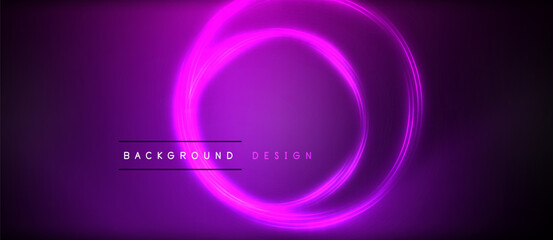 Neon glowing circle rays, light round lines in the dark, planet style neon wave lines. Energetic electric concept design for wallpaper, banner, background