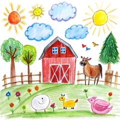 Naklejka premium Child's Illustration of a Farm: AI-Generated Hand-Drawn Representation