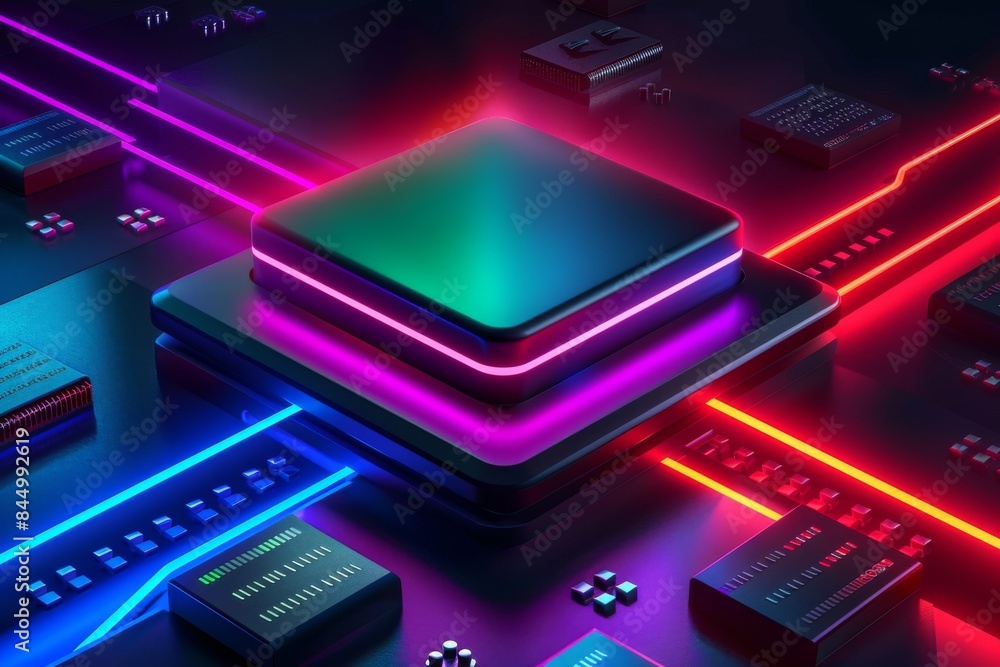 Poster futuristic ai chip with neon colors in a high tech environment, digital technology concept, advanced
