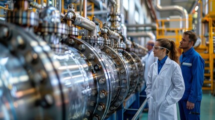 Fototapeta premium A group of scientists and engineers meticulously observe and analyze complex industrial machinery within a high-tech factory setting, showcasing precision and teamwork