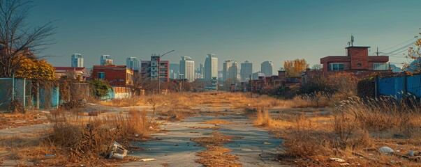 Fototapeta premium A deserted and overgrown urban street in an old neighborhood, contrasting against the backdrop of modern high-rise buildings in the distant skyline