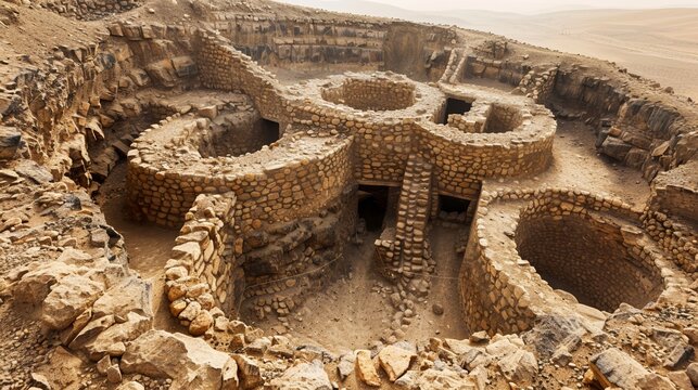 An aerial view of the ancient and historic Peruvian archeological site of Chavin de Huantar featuring intricate stone structures amidst a desert landscape