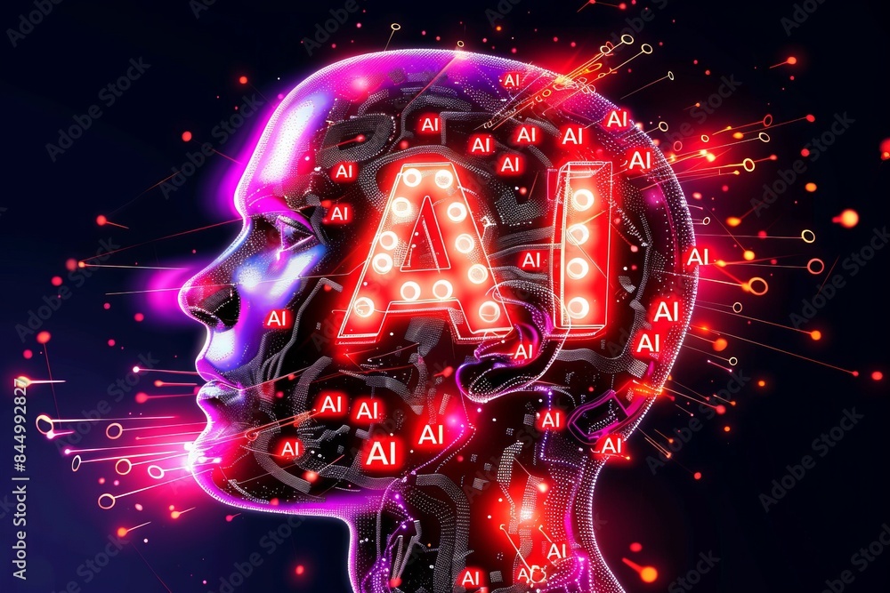 Poster neon ai brain in cybernetic head, futuristic artificial intelligence concept, digital neural network