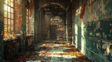 The abandoned, decaying hallway of an old building, with sunlight streaming through broken windows, casting shadows on the dilapidated walls and littered floor, surrounded by signs of neglect and